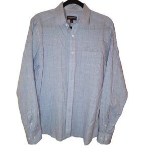 Johnston & Murphy Long Sleeve Button Up Dress Shirt Linen Blend Blue Plaid Med